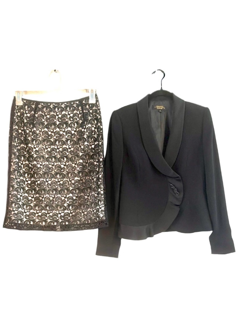 Tahari Arthur S Levine Luxe Tuxedo Blazer & Lace Pencil Skirt Suit Black Size 4